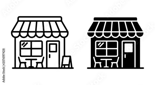 Storefront Icons: Black and White Building Facades, Shop Exterior with Awning, Table, Chair, and Signage, Commercial Business Establishment Vector Graphics