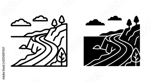 Coastal Road Landscape, Cliffside Scenic Route, Ocean View Scenic Drive, Minimalist Vector Art