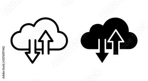 Cloud Data Transfer Icons, Upload Download Arrows, Digital Storage Symbols, Vector Graphics for Cloud Computing