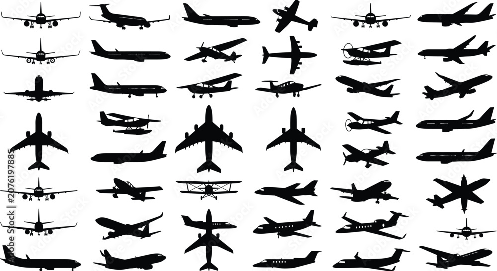 Fototapeta premium Airplane Silhouette Vector Set Featuring Commercial Jets, Military Planes, Passenger Aircraft, and Freight Cargo Carriers for Travel and Aviation Graphic Designs