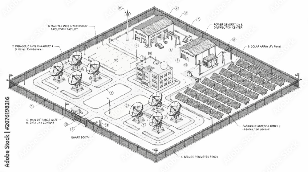 Fototapeta premium A detailed illustration of a large industrial complex with multiple machinery and equipment, showcasing a busy factory floor with various sections and pathways.