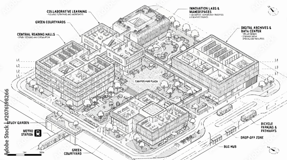 Fototapeta premium A detailed illustration of a large business complex with various buildings and infrastructure