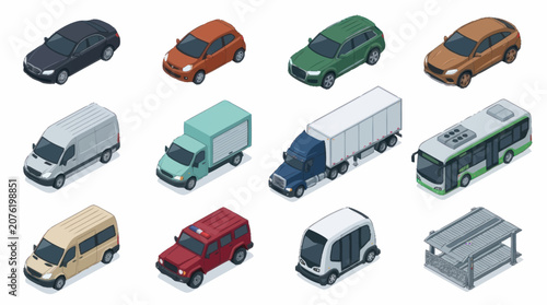 Cuadro en lienzo Collection of colorful isometric vehicle illustrations.