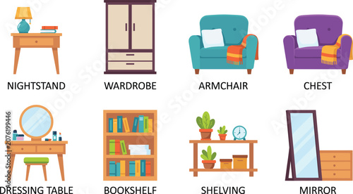 Foto Home furniture icon collection featuring nightstand wardrobe armchair bookshelf