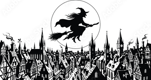 Photos Witch flying on broomstick over medieval town