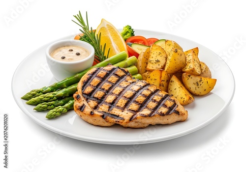 Grilled steak with asparagus and roasted potatoes on a plate
