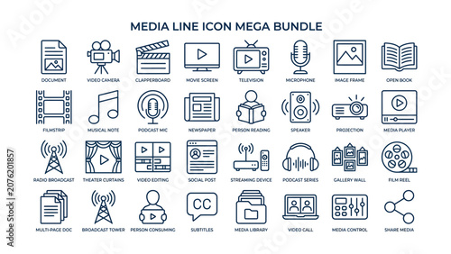 Schilderij op canvas Comprehensive collection of thin line media icons for digital communication and