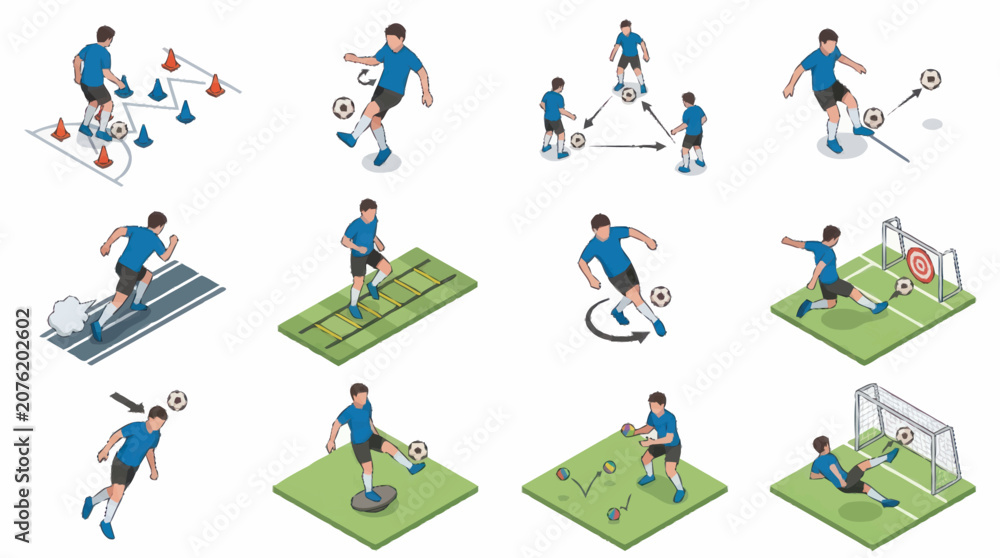 Fotografie Soccer player actions in isometric vector style.