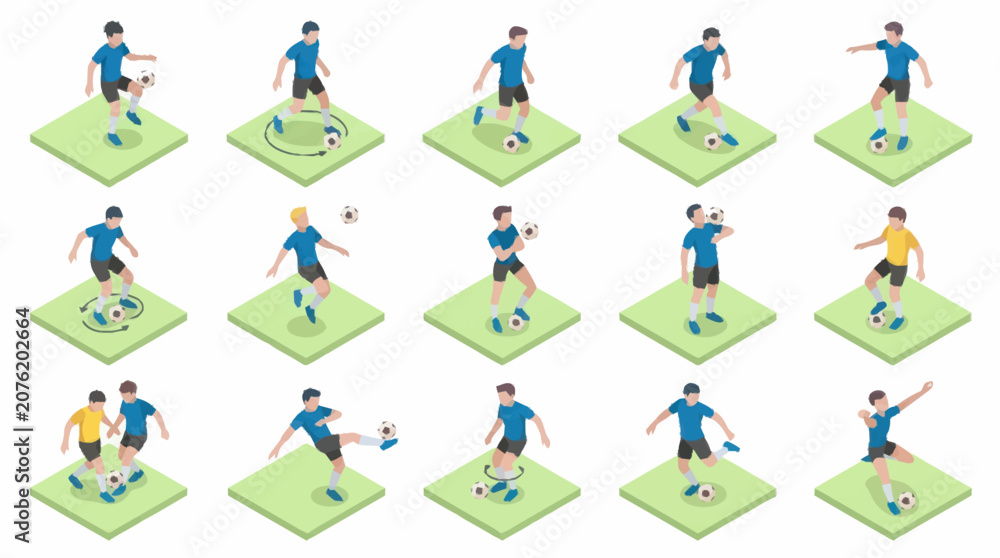 Fototapeta premium Isometric soccer players in action on green field.