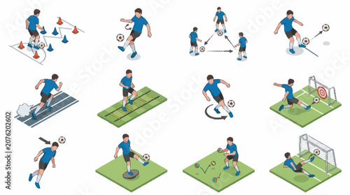 Cuadro en lienzo Soccer player actions in isometric vector style.