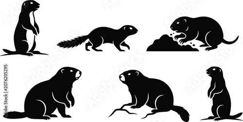 Obraz na płótnie Groundhog and Marmot Silhouette Vector Icon Set Featuring Prairie Dogs and Gophe