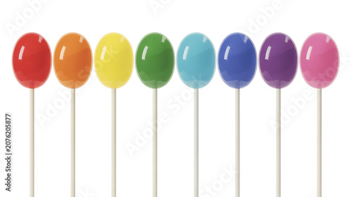 Row of colorful round lollipops on white background with lollipop colorful confectionery isolated multiple confection sugarcoated confectionary