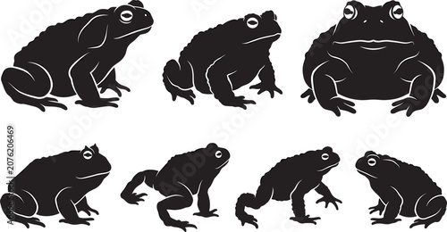 Fotografía Toad and Frog Silhouette Vector Icon Set Featuring Warty Amphibians Sitting and
