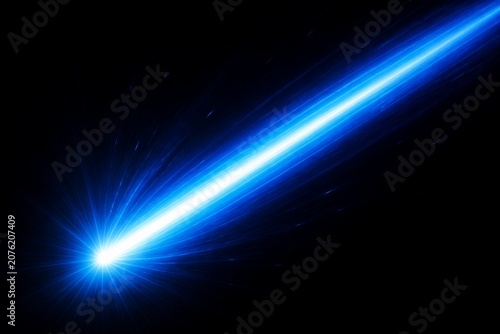 Vibrant blue beam pierces dark void with radiant energy. Light radiates outward, glowing intensely at its core. Faint particles scatter around beam's path, adding depth. Ideal for sci-fi, tech