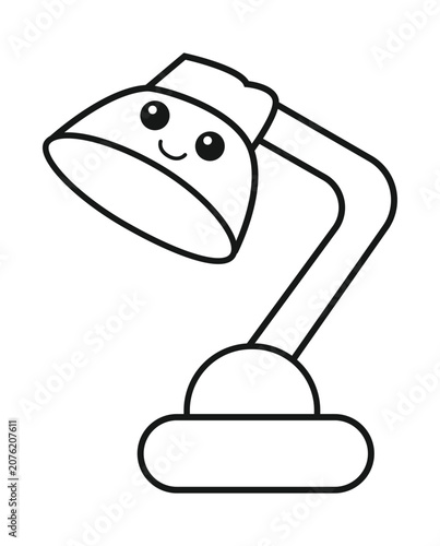 A cute, simple black and white line art drawing of an anthropomorphic desk lamp with a smiling face, perfect for a children's coloring book.