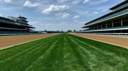 Stunning photo of horse racetrack with a well-maintained dirt track, surrounded by green grass, grandstands, and a vibrant atmosphere, capturing the excitement and tradition of.