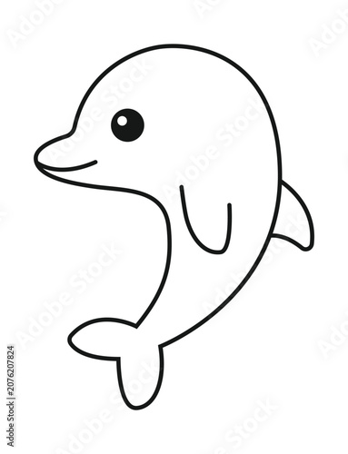 Simple black and white outline drawing of a cute cartoon dolphin with a friendly smile.