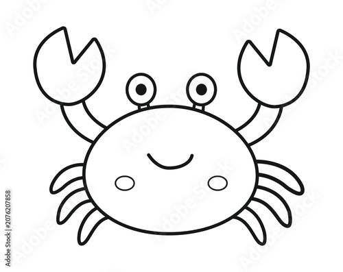 Simple cartoon outline drawing of a happy crab with big claws, perfect for coloring pages or children's illustrations.