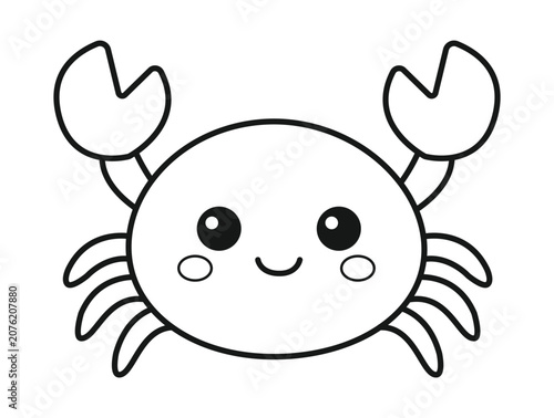 Simple black and white line art illustration of a happy kawaii crab with big claws, perfect for children's coloring activities.