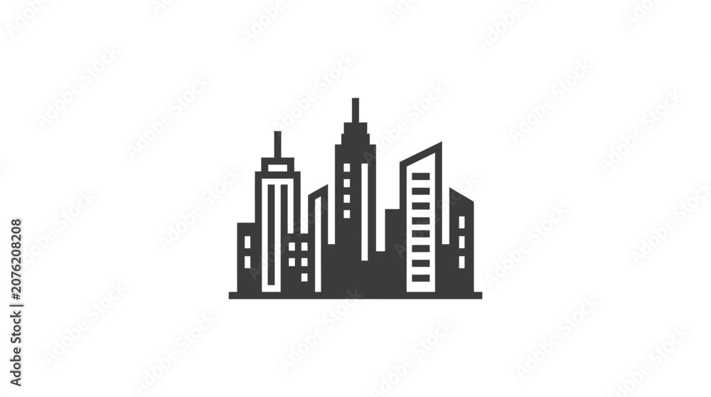 Fototapeta premium A minimalist black silhouette icon representing a modern city skyline with various skyscrapers.
