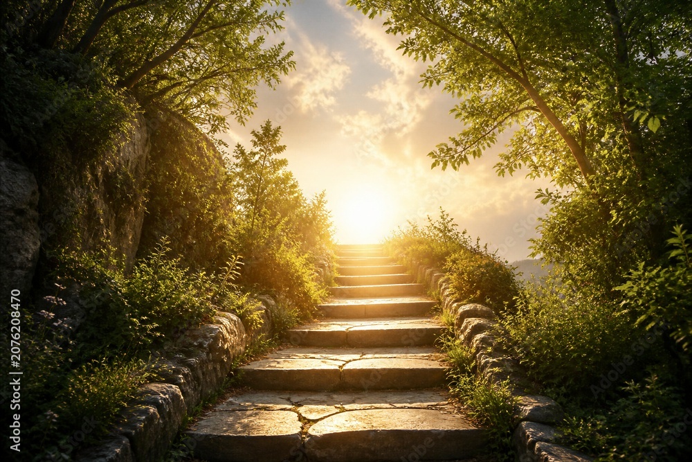 Naklejka premium Sunlight spills through leafy canopy, casting warm glow. Stone steps ascend toward golden horizon, inviting calm ascent. Greenery flanks path, wildflowers dotting edges with soft texture