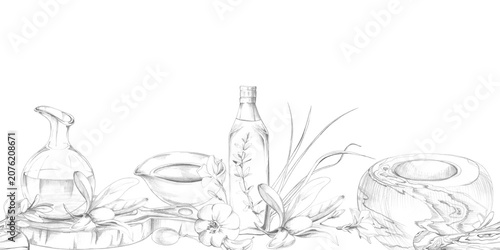 Canvas Print Glass jug, olive oil bottle and fruiting olive twig a seamless border