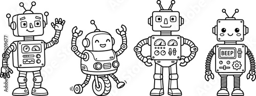 Cuadro en lienzo Cute Cartoon Robot Vector Character Set with Dials Buttons and Antennae for Kids