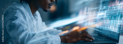 Business data analytics, data science, abstract data flow on network, the analyst uses a computer for analysis, transferring complex data, AI algorithm, deep machine learning.