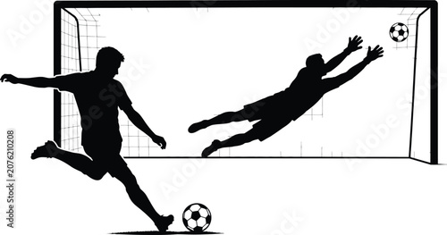 Soccer Scene Silhouette With Kicking Player And Diving Goalkeeper