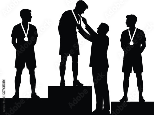 Athletes On Podium Receiving Medals Black Silhouette Against White Background