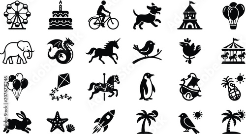 Collection Of Amusement Park And Animal Silhouette Icons On White Background