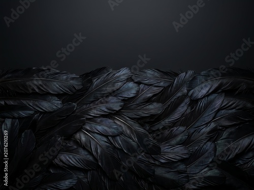 Soft dark feathers arranged in a beautiful overlapping pattern creating a luxurious and elegant background with deep moody lighting effects