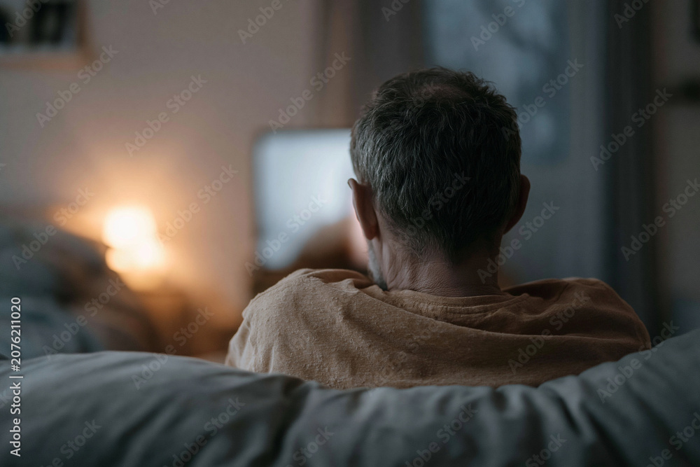 Obraz premium Man sits on bed, watching screen. Room dimly lit, soft glow from lamp. Back view shows calm, focused expression. Cozy, quiet atmosphere, intimate setting. Hue city, Vietnam - 02 June 2026