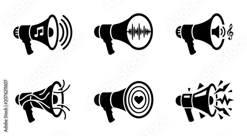 Cuadro en lienzo Megaphone Icons Set: Sound, Music, Announcement, Heart, Waves, Communication Vec
