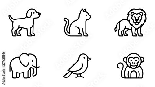 Photography Simple Line Art Animal Icons: Dog, Cat, Lion, Elephant, Bird, Monkey Set