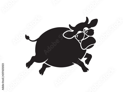 Funny cow vector silhouette running wearing sunglasses with sunglasses, movement