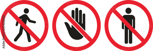 Tableau sur toile Three prohibition signs with walking person, hand, and standing person no entry