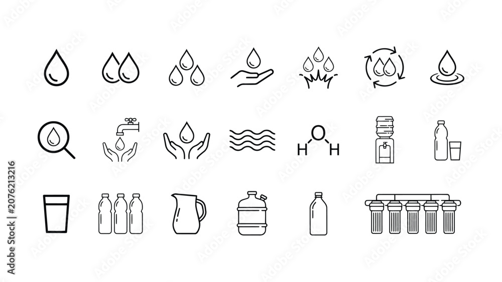 Fototapeta premium Collection of line icons related to water and hydration including droplets bottles and glasses in simple minimalist design various symbolic representations