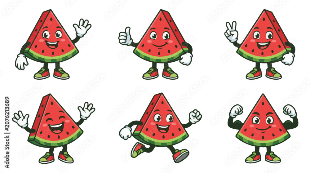 Fototapeta premium Happy watermelon slice cartoon character set in various poses