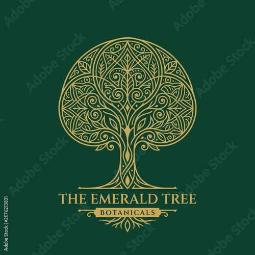 Elegant gold tree of life logo on green background.