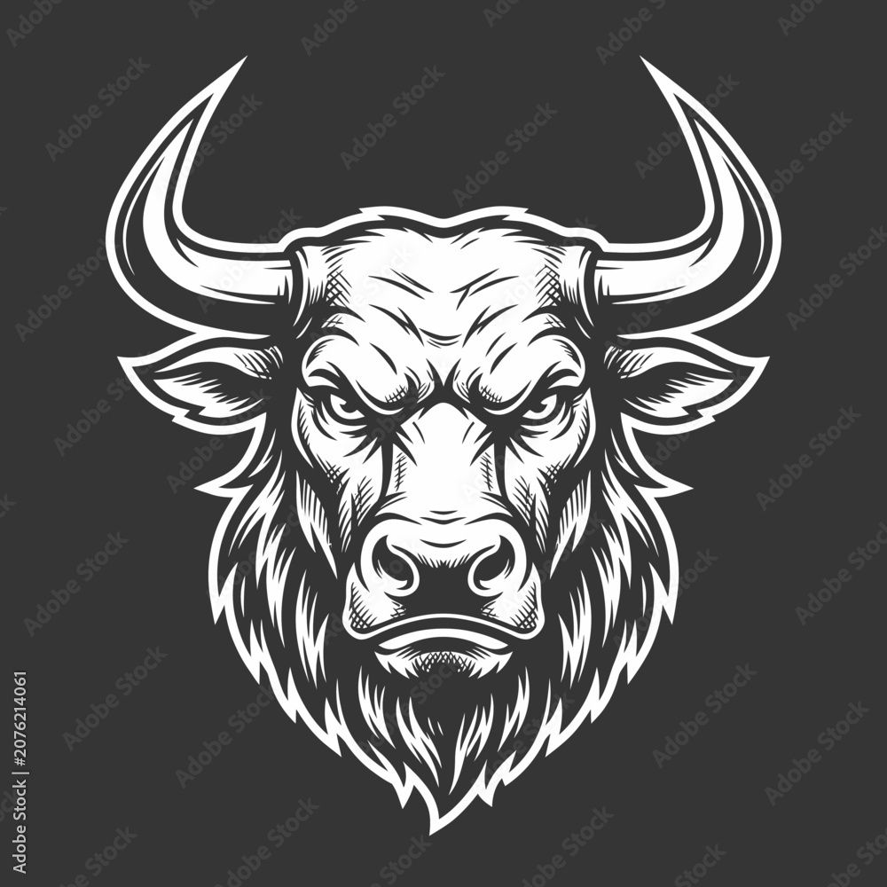 Fototapeta premium Fierce bull head monochrome mascot illustration.