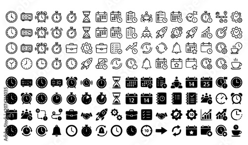 Photos Editable Clock and Time Management Outline and Solid Icons Vector Collection
