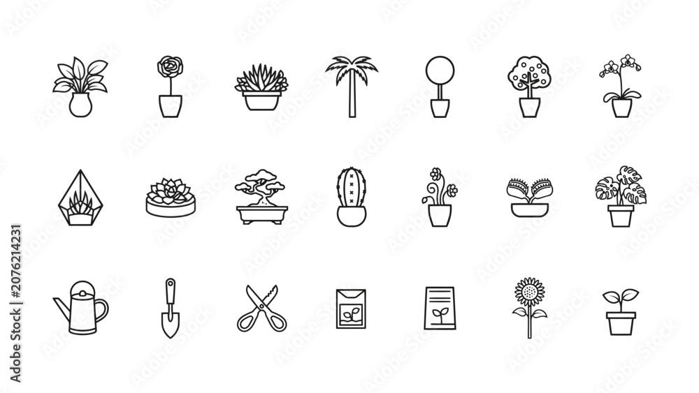 Fototapeta premium Collectionofvariousplantsandgardeningtoolsiconsinlineartstylefordesignanddecorationpurposesisolatedonwhitebackground