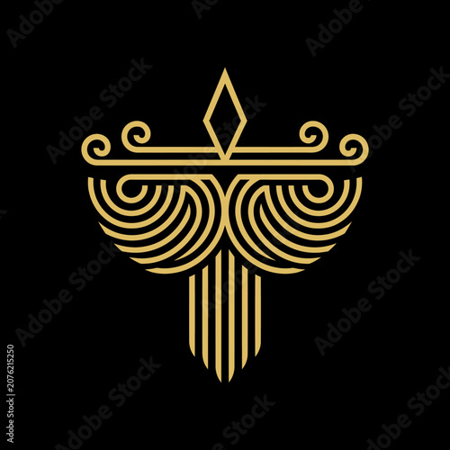 Elegant gold geometric heraldic emblem on black background.