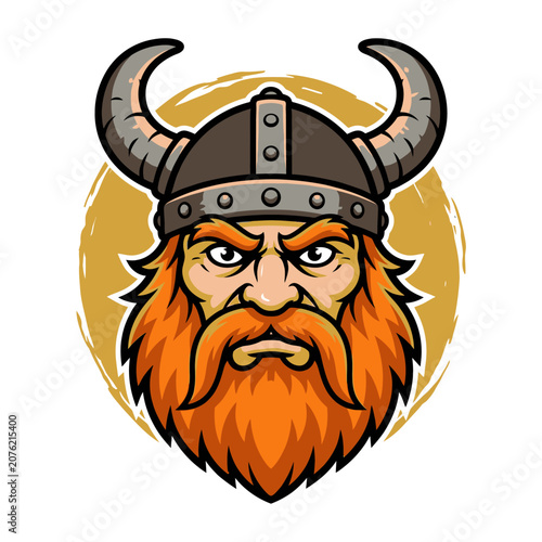 Fierce bearded viking warrior mascot wearing horned helmet.