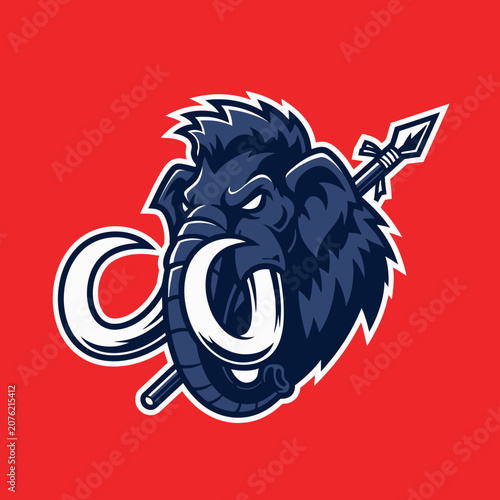 Fierce blue mammoth mascot logo design on red background