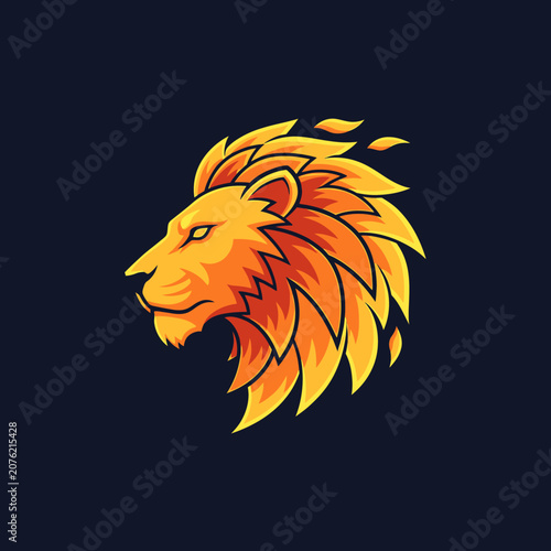 Fierce lion head logo with fiery orange mane profile.