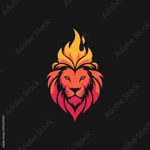 Fierce lion head logo with flaming orange mane.