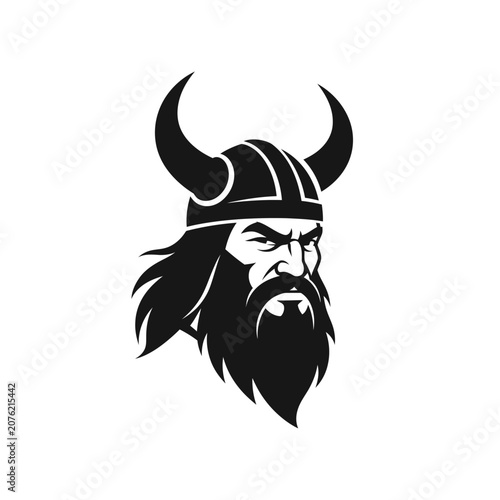 Fierce Viking warrior head mascot logo with horned helmet.