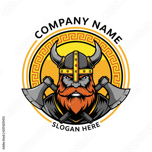Fierce Viking warrior mascot logo with axes and circular frame.
